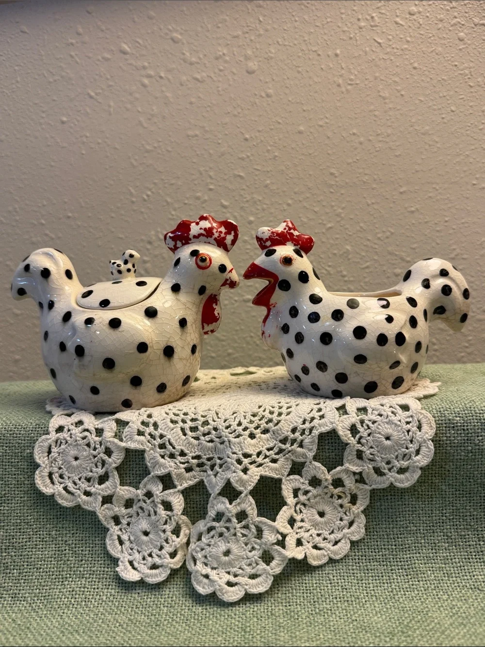 Rustic Lefton Matching Polka Dot Rooster/Chicken Sugar Bowl and Creamer